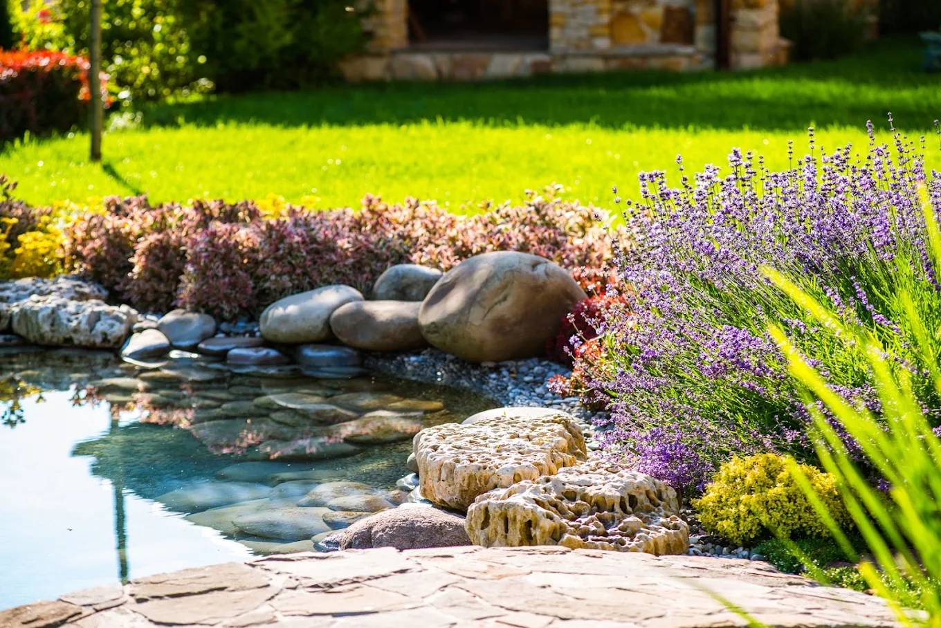 Backyard pond with boulder edging and perennial garden